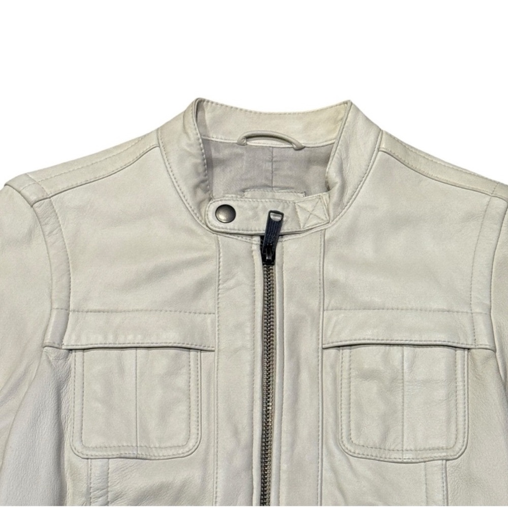 GAP Off White Leather Jacket Bomber Button Collar High Neck Military y2k vintage - Picture 3 of 6